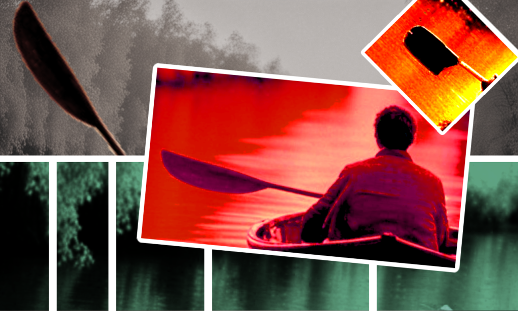 image of a person in a boat on a river, overlaid on a pattern of rectangles.