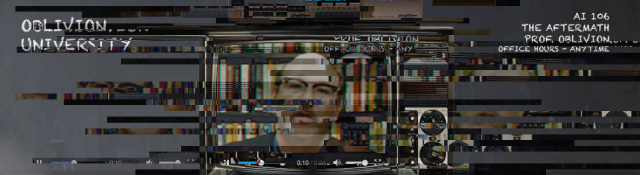a glitch image of the Oblivion University homepage with Dr. Oblivion on a TV in front of a chalkboard