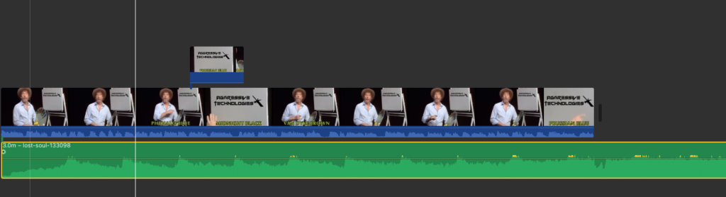 iMovie screenshot showing the layering of clips and audio tracks