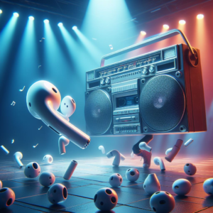 AI generated image of a battle between air pods and a boombox