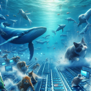 an underwater scene of whales swimming over a seabed og cats on computers