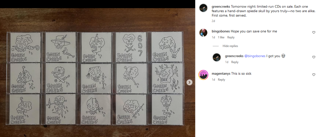 A collection of Green Creeks CDs with hand-drawn covers