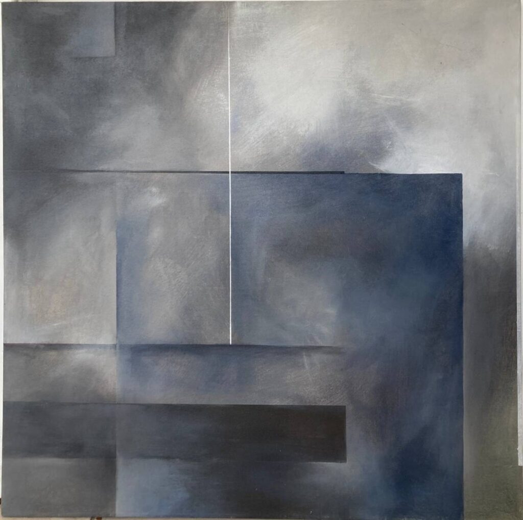 an abstract painting in gray tones with geometric structures