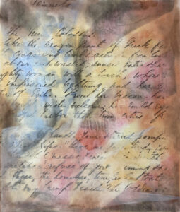 artwork in progress showing aged and unclear handwritten text image combined with flag