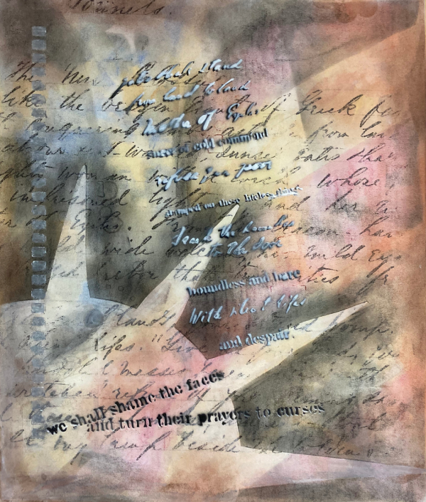 artwork in progress showing Statue of Liberty silhouette and stenciled text