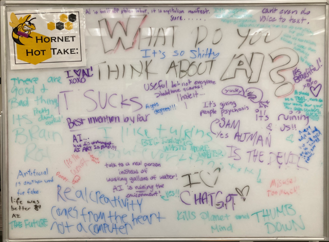 A whiteboard with the question, "What do you think about AI?" and numerous responses, predominantly negative.