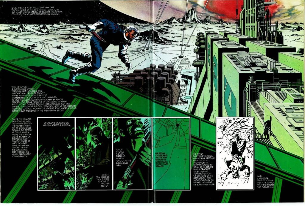 A two-page sci-fi comic book spread featuring a dramatic action scene set on a lunar base. The top section showcases a large panel where a man in a spacesuit clings to the exterior roof structure of a massive industrial, green-tinted building overlooking a cratered moonscape. Below, a series of sequential comic panels depict a tense confrontation where a man shoots through glass panels, causing depressurization that pulls an antagonist into space.