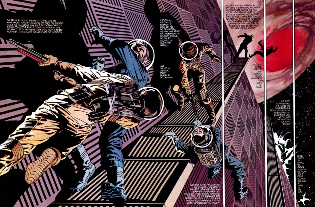 A dramatic action spread from a sci-fi comic book depicting a high-stakes combat scene in outer space. Across multiple dynamic panels, figures in spacesuits fight on a metallic catwalk along the exterior of a space facility. In the foreground, one astronaut tackles another off the edge, while another figure holding a rifle looks on. The rightmost panel shows a fallen figure tumbling into deep space, set against the striking backdrop of a massive, swirling red gas planet and a star-filled void.